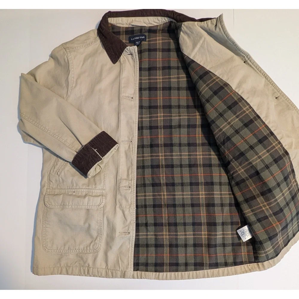 Lands End Womens Tan Canvas Field Coat Plaid Flannel Lined Corduroy Trim M 10-12 - Picture 2 of 9